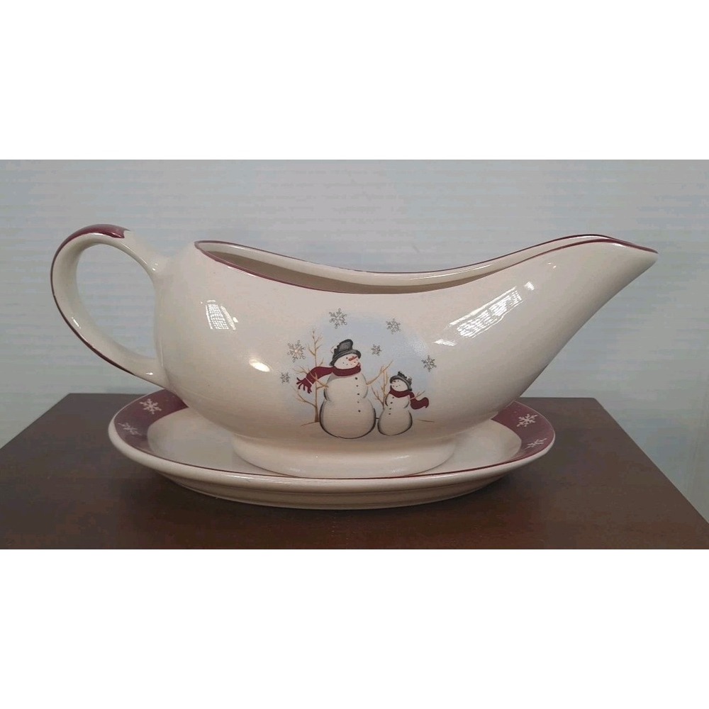 Royal Seasons‎ Stoneware Jolly Snowmen  Snowflake Gravy Boat With Plate 9.25"